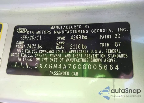 2012 Kia Optima Lx z USA, uszkodzony, nr VIN 5XXGM4A76CG005664